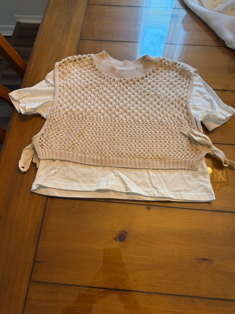 Knit Cropped Vest with Side Ties - Light Beige